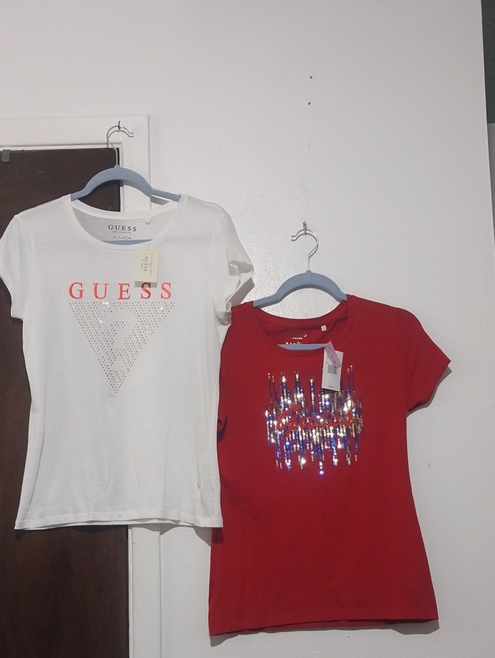 BUNDLE OF 2 ,Guess White Logo Tee & Red Sequin Graphic Tee ,Bundle Of 2